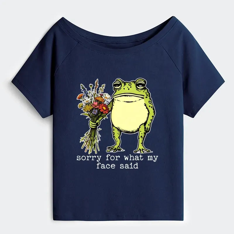 Kyoto-Lion Frog Sorry Mode Activated Off Shoulder T-Shirt