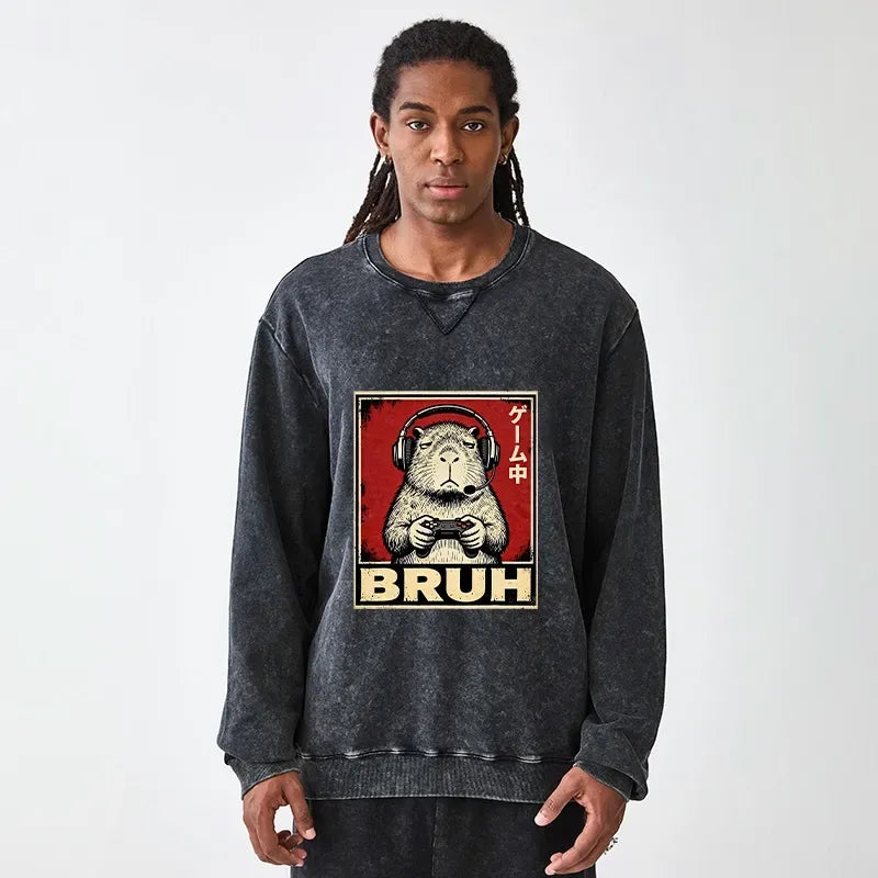 Kyoto-Lion Funny Capybara Playing Games Washed Terry Sweatshirt