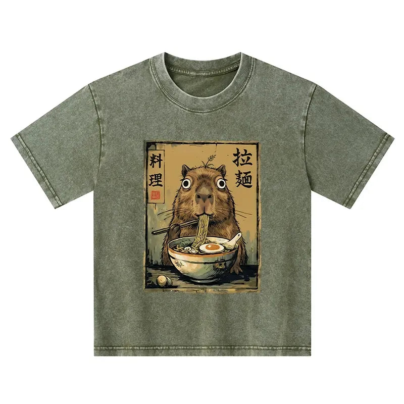 Kyoto-Lion Cute Capybara Eating Ramen Kids Washed T-Shirt