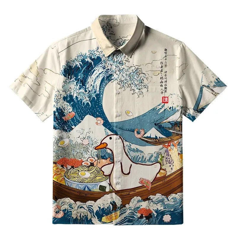 Kyoto-Lion Naughty Duck Eating Ramen Button-up Shirt