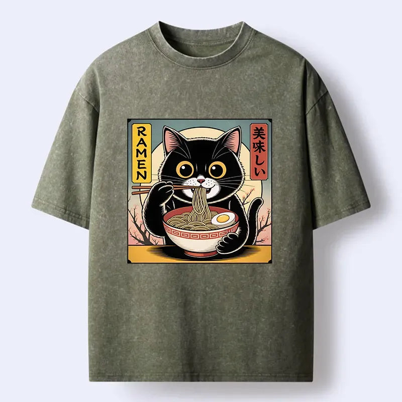 Kyoto-Lion Black Cat Eats A Big Bowl Of Ramen Funny Washed T-Shirt
