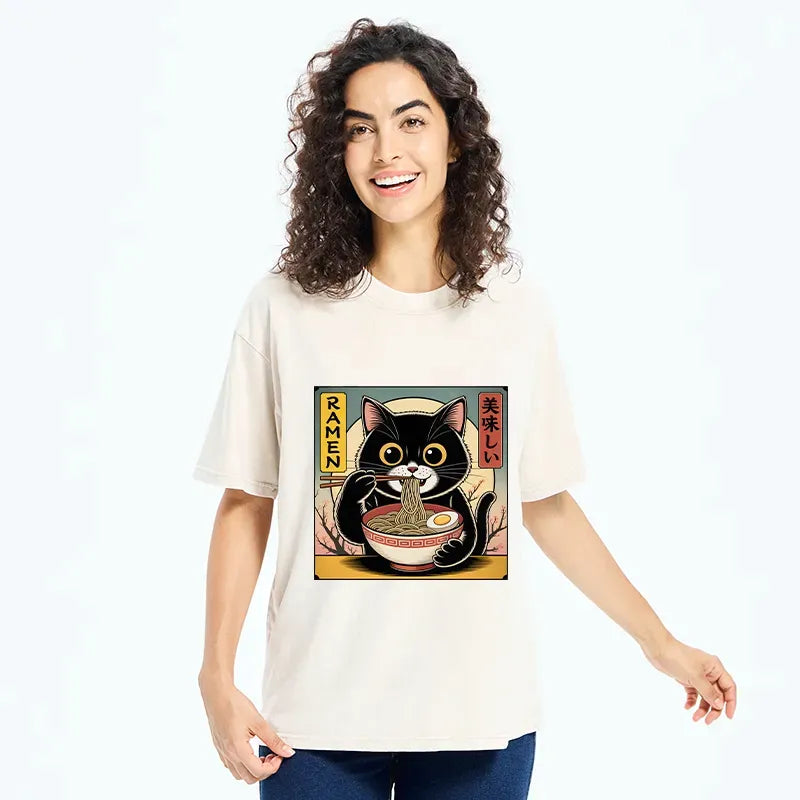 Kyoto-Lion Black Cat Eats A Big Bowl Of Ramen Funny Washed T-Shirt