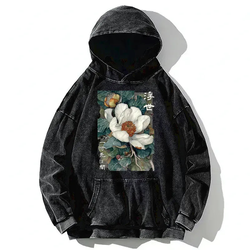 Kyoto-Lion Ukiyoe Magnolia Flower Poster Washed Hoodie