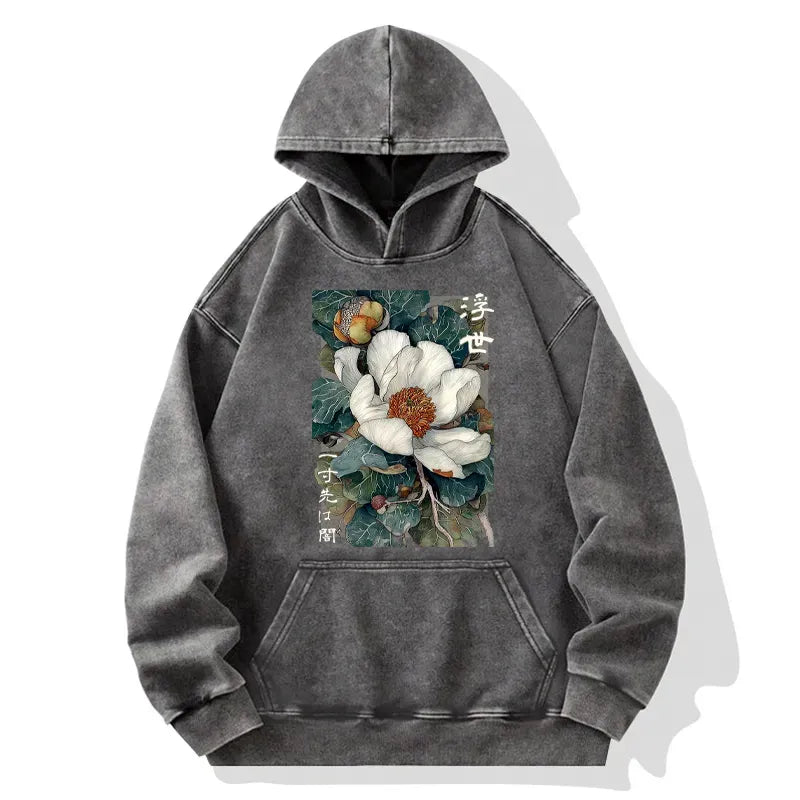 Kyoto-Lion Ukiyoe Magnolia Flower Poster Washed Hoodie