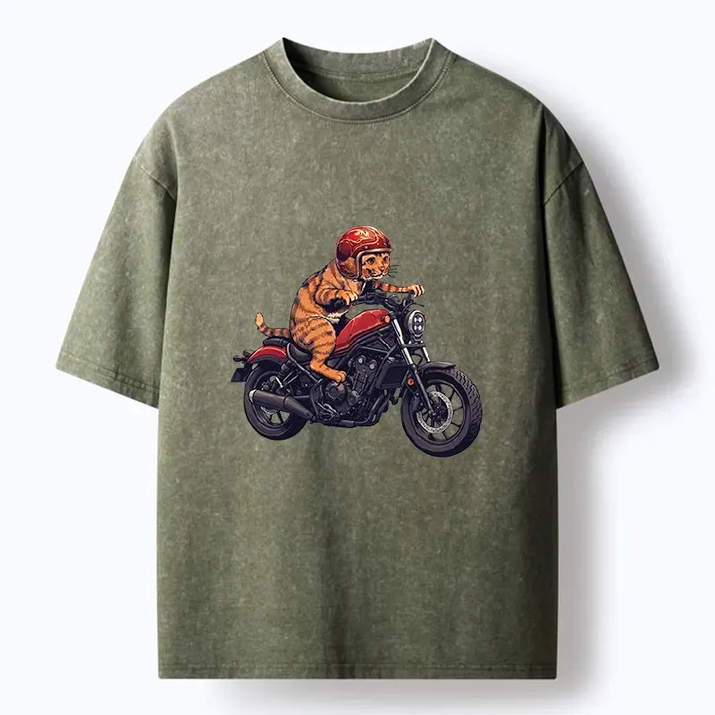 Kyoto-Lion Biker Cat Rider Art Washed T-Shirt