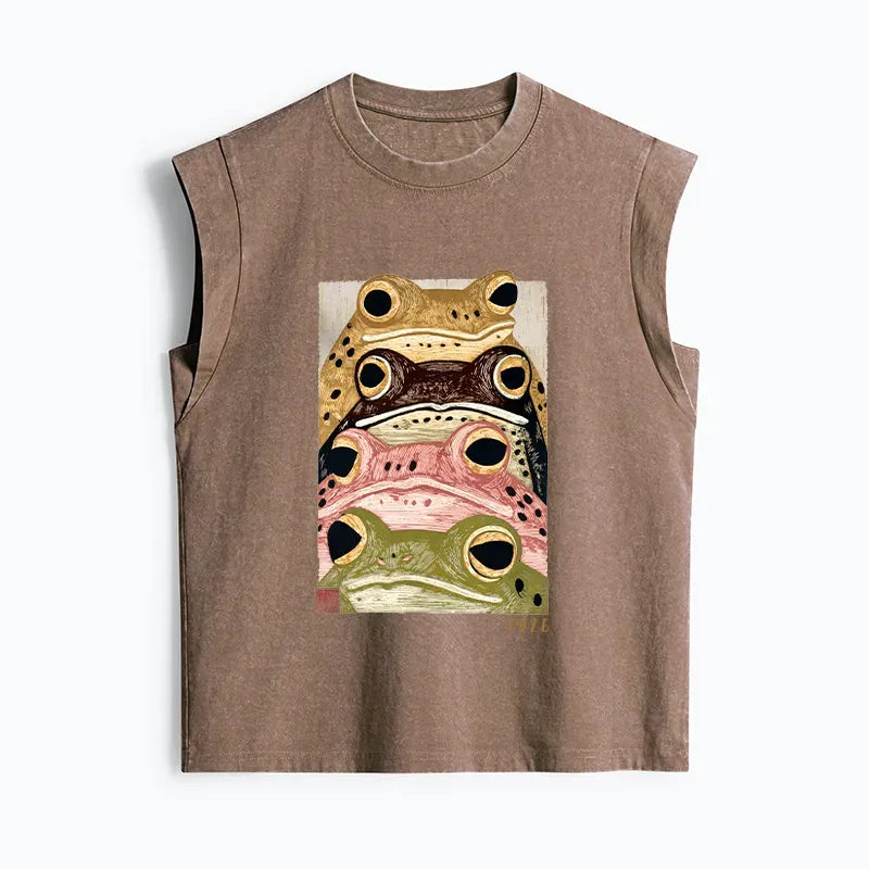 Kyoto-Lion Whimsical Multi Colored Frog Art Women's Washed Tank Tops