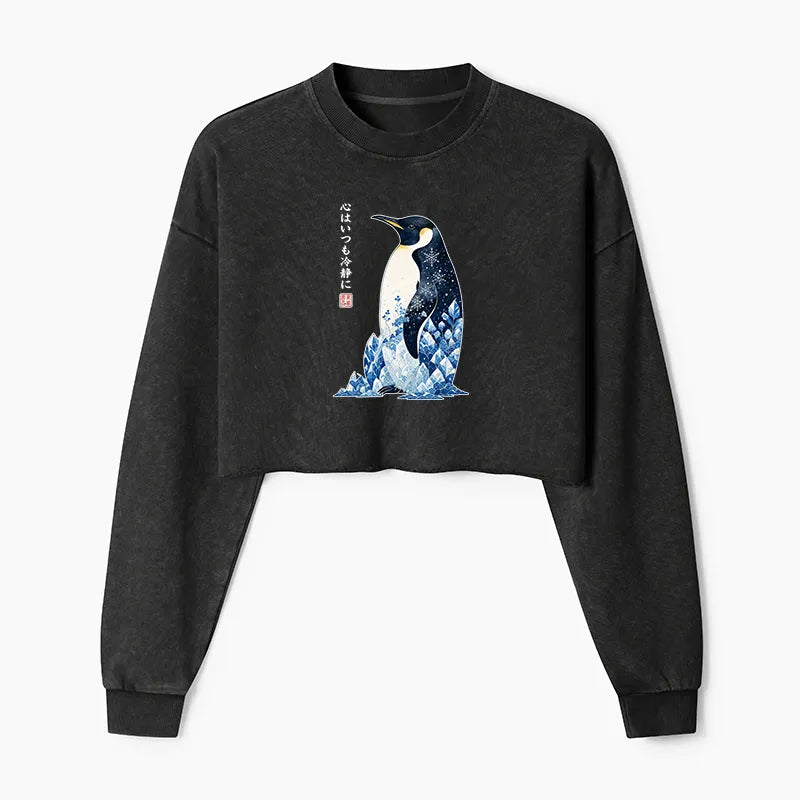 Kyoto-Lion Keep Calm Penguin Washed Crop Sweatshirt