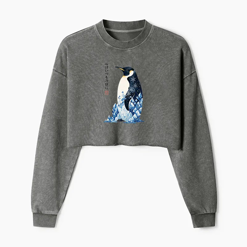 Kyoto-Lion Keep Calm Penguin Washed Crop Sweatshirt