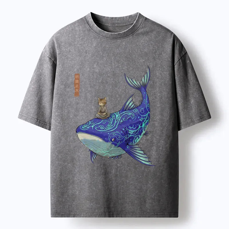 Japanese Cat Whale Washed T-Shirt