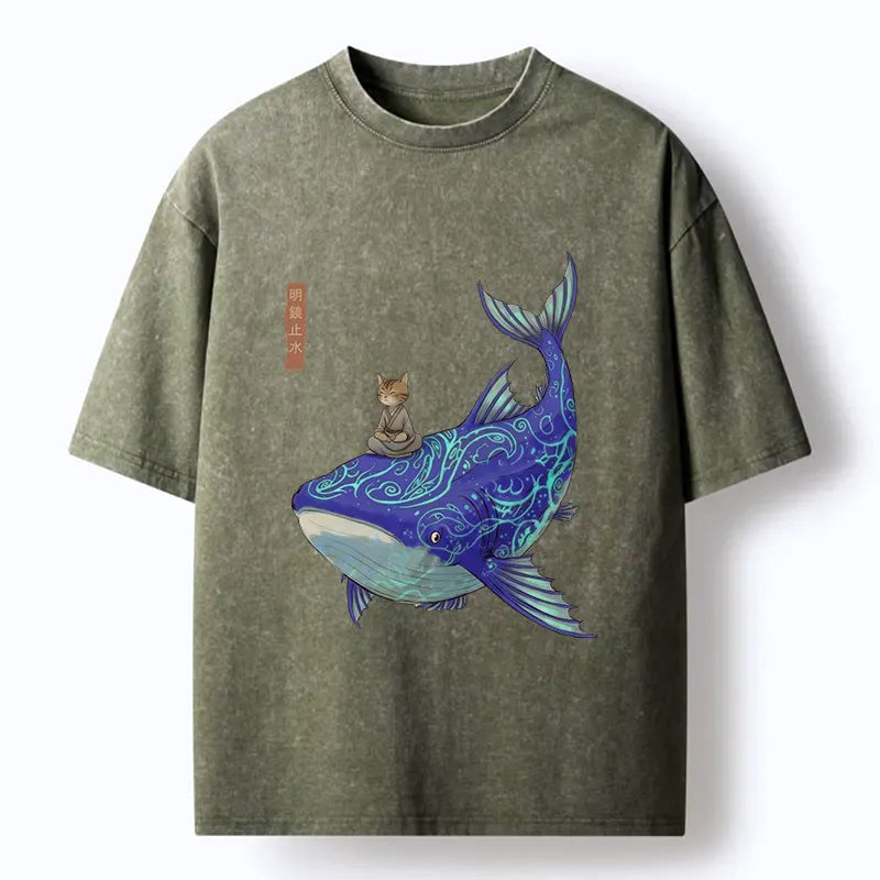 Kyoto-Lion Cat Riding A Whale Washed T-Shirt