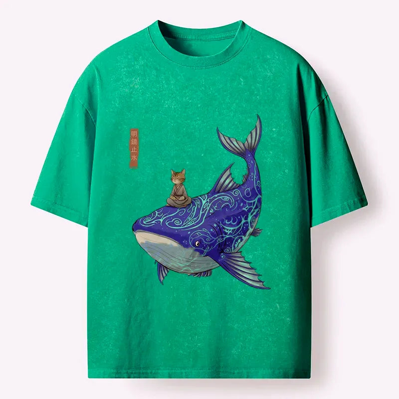 Kyoto-Lion Cat Riding A Whale Washed T-Shirt