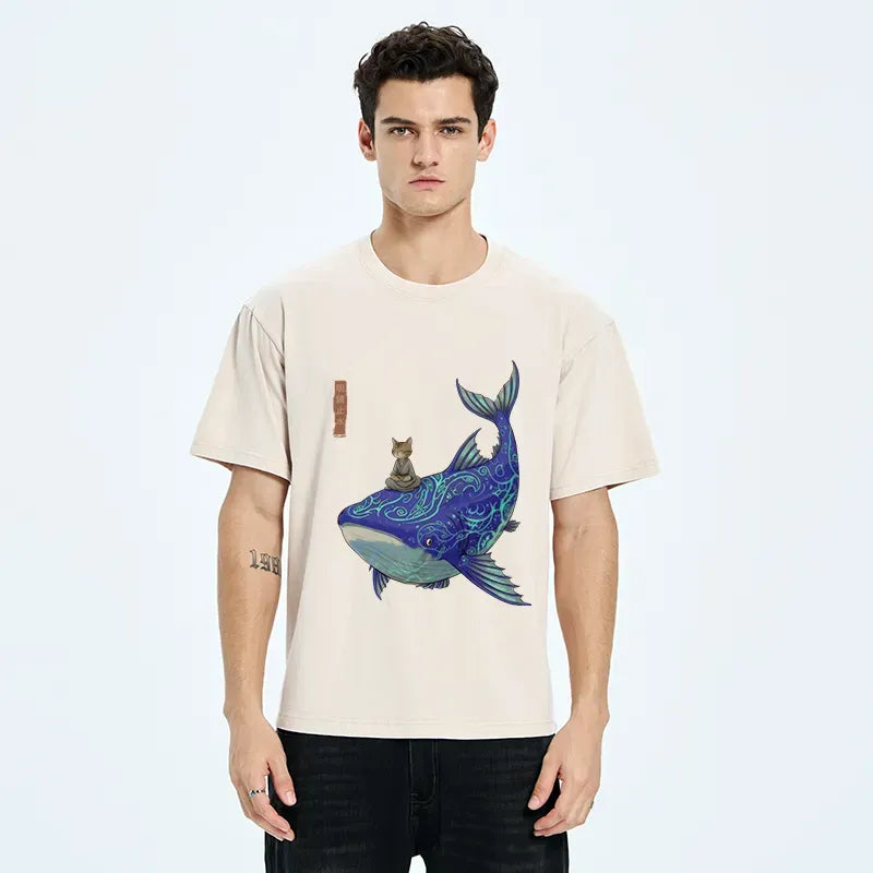 Kyoto-Lion Cat Riding A Whale Washed T-Shirt
