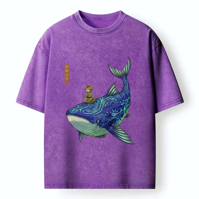 Kyoto-Lion Cat Riding A Whale Washed T-Shirt