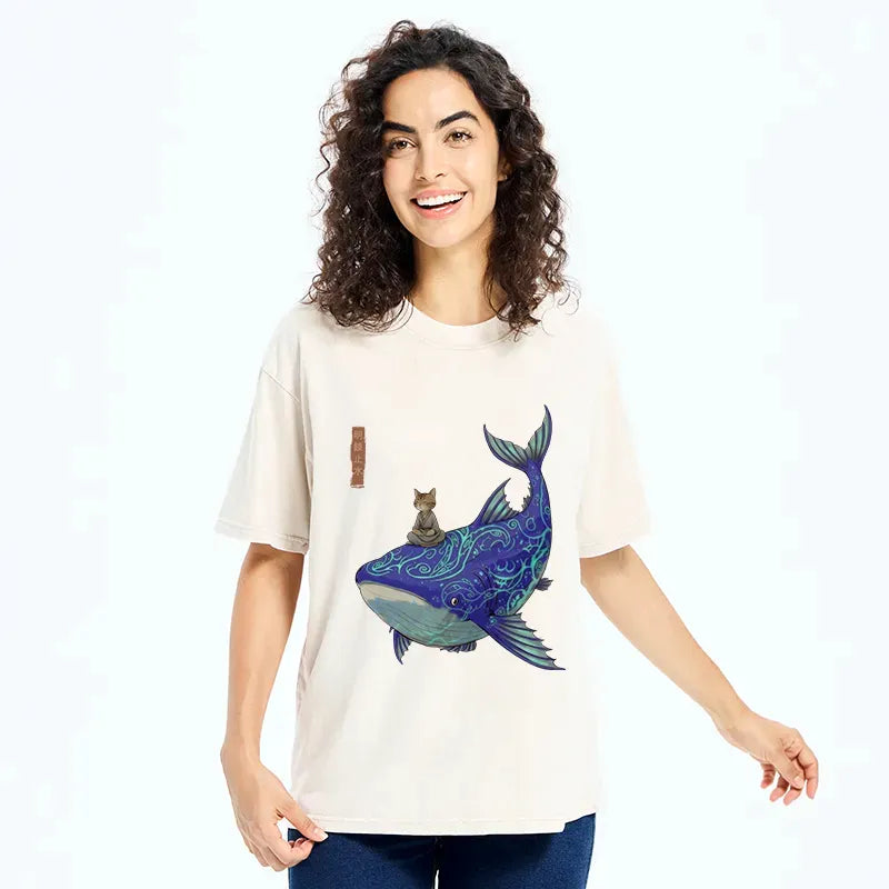 Japanese Cat Whale Washed T-Shirt