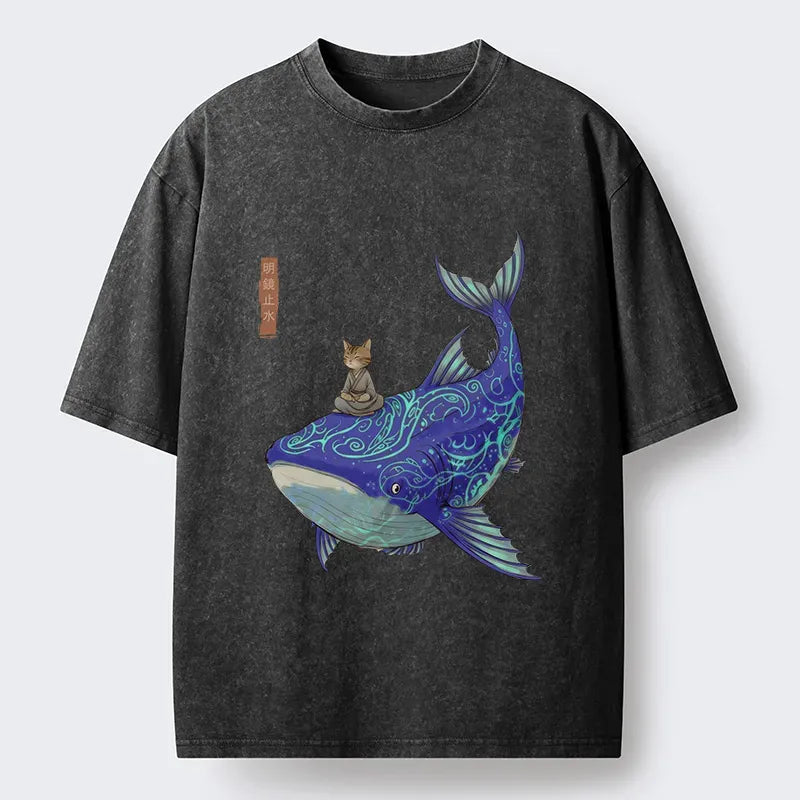 Japanese Cat Whale Washed T-Shirt
