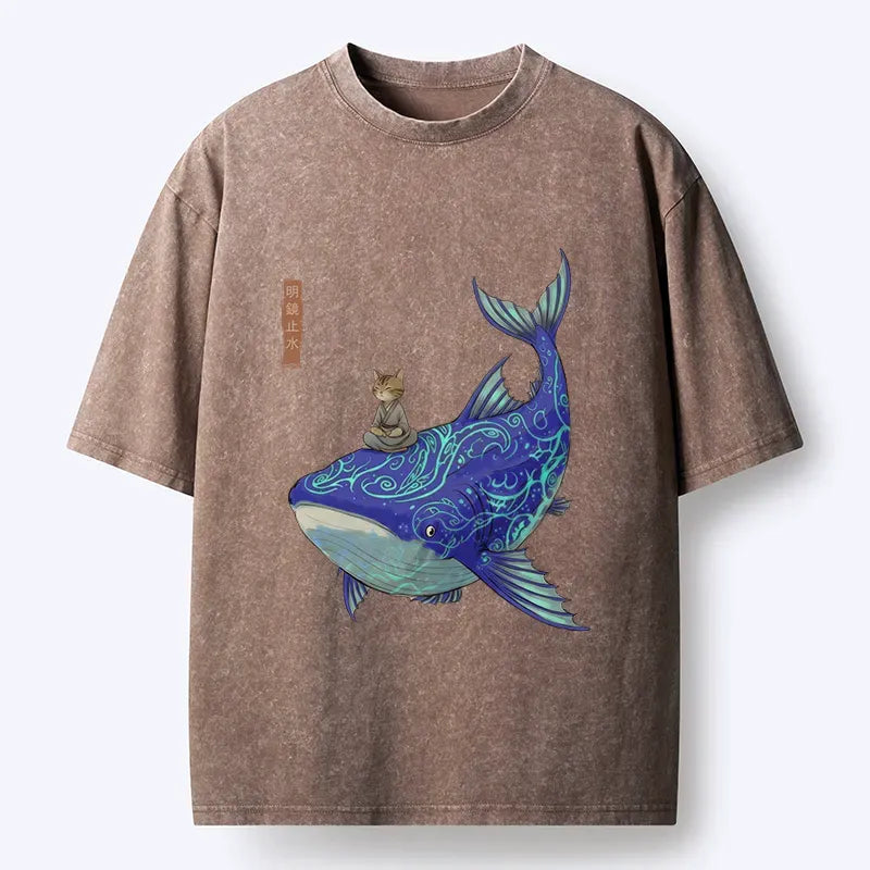 Kyoto-Lion Cat Riding A Whale Washed T-Shirt