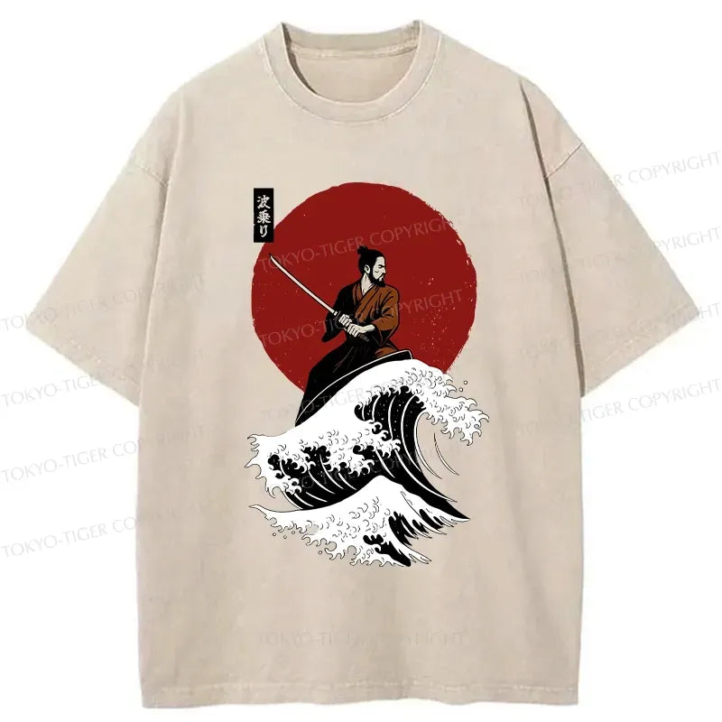 Kyoto-Lion Surfing Japanese Samurai Washed T-Shirt