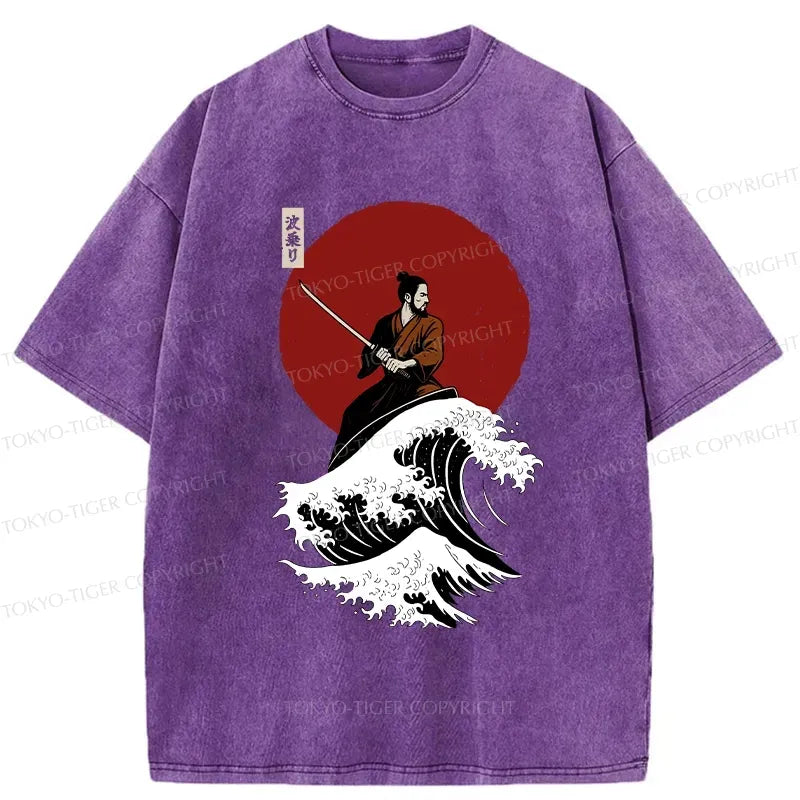 Kyoto-Lion Surfing Japanese Samurai Washed T-Shirt