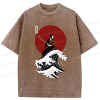 Kyoto-Lion Surfing Japanese Samurai Washed T-Shirt