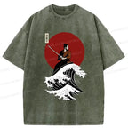 Kyoto-Lion Surfing Japanese Samurai Washed T-Shirt