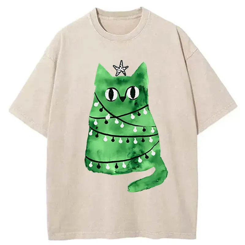 Kyoto-Lion Christmas Tree Green Cat Washed T-Shirt