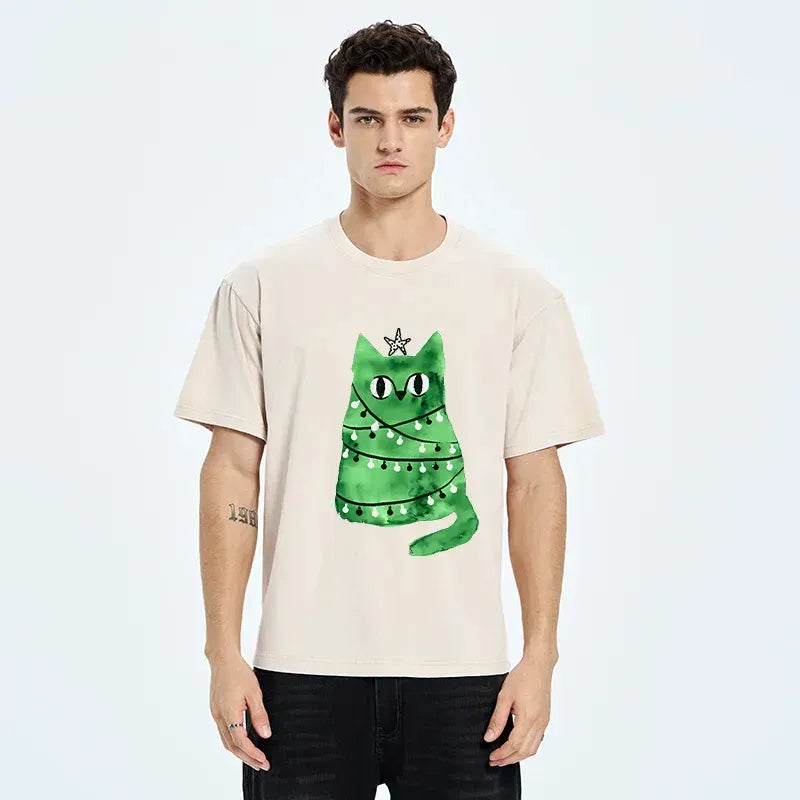 Kyoto-Lion Christmas Tree Green Cat Washed T-Shirt