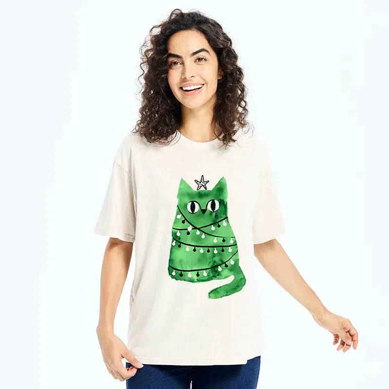 Kyoto-Lion Christmas Tree Green Cat Washed T-Shirt