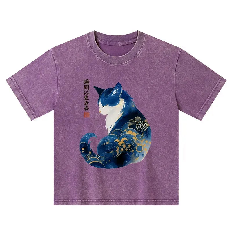 Kyoto-Lion Retro Zen Cat: Living the Present Kids Washed T-Shirt