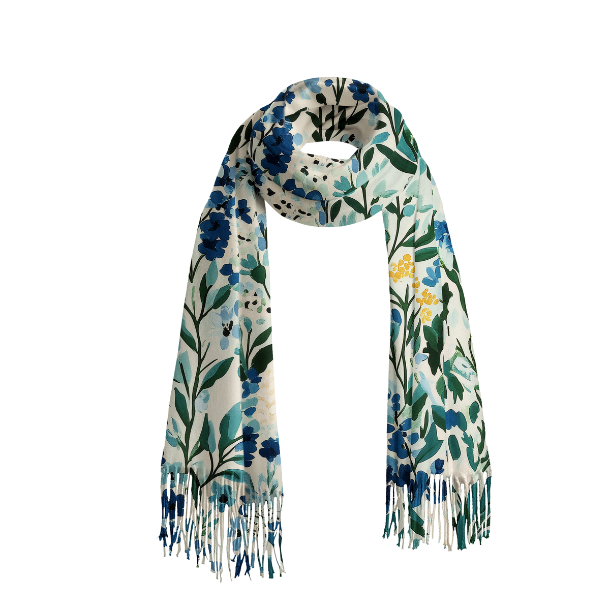 Kyoto-Lion Serenely Blue Flora Fringed Scarf