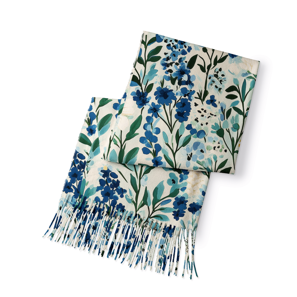 Kyoto-Lion Serenely Blue Flora Fringed Scarf