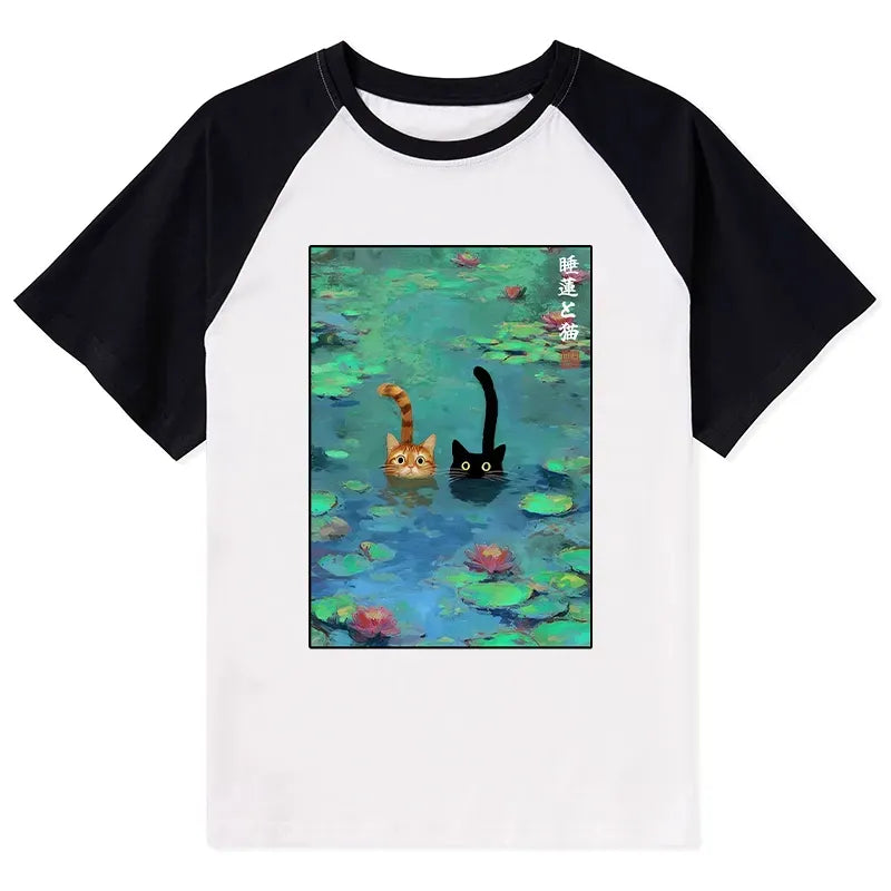 japanese retro cat raglan t-shirt