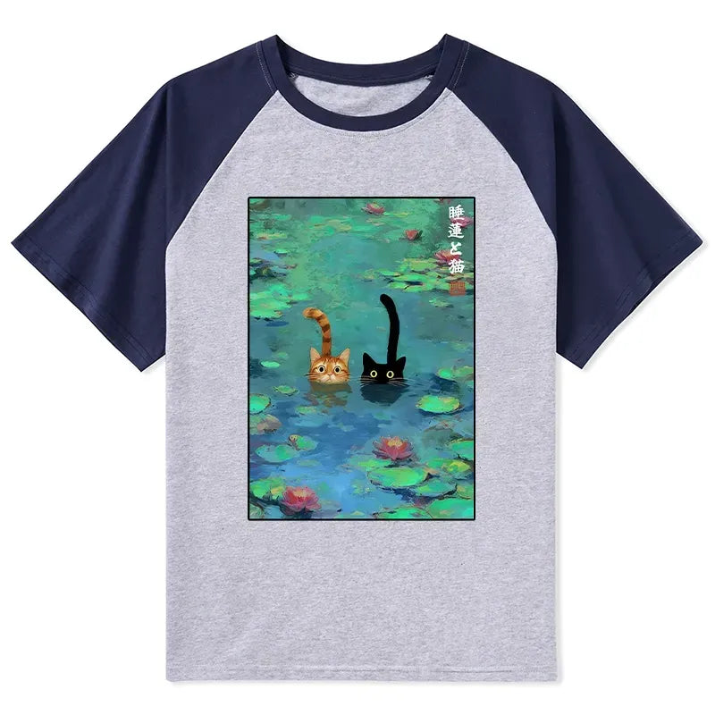 Kyoto-Lion Funny Cats Swimming In Lilies Raglan T-shirt
