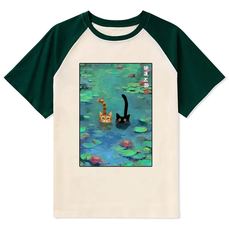 japanese retro cat raglan t-shirt