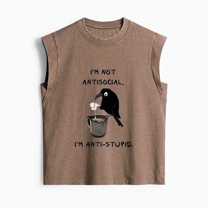 Kyoto-Lion Cool Crow Sips Calm Coffee Alone Women's Washed Tank Tops