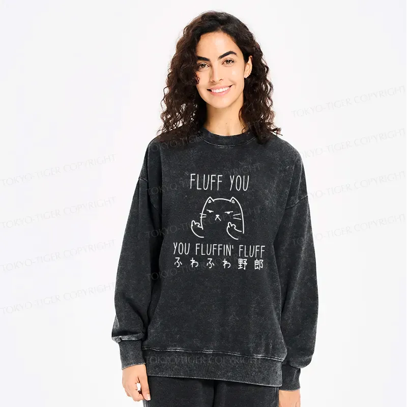 Japanese Cat Washed Sweatshirt for Streetwear