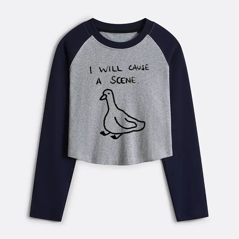 Kyoto-Lion Stupid Goose Funny Japan Retro Women's Crop Raglan T-Shirt