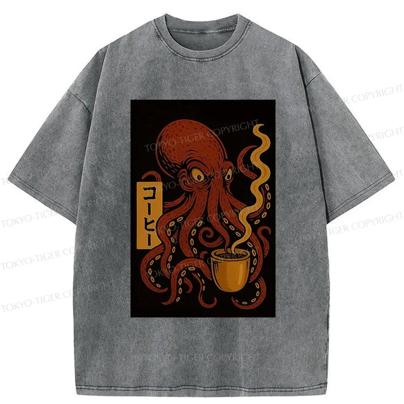 Kyoto-Lion Octopus Drinking Coffee Washed T-Shirt