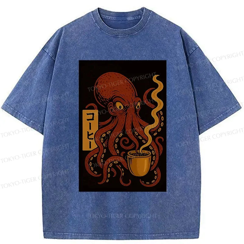 Kyoto-Lion Octopus Drinking Coffee Washed T-Shirt