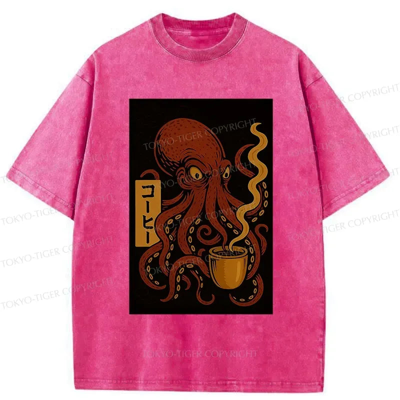 Kyoto-Lion Octopus Drinking Coffee Washed T-Shirt
