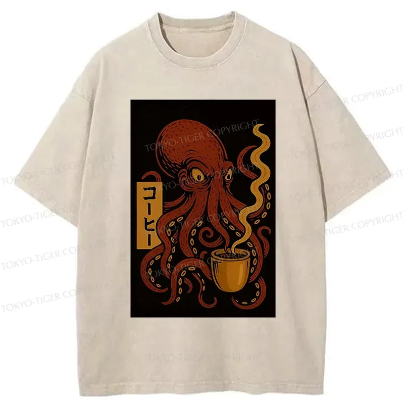 Kyoto-Lion Octopus Drinking Coffee Washed T-Shirt