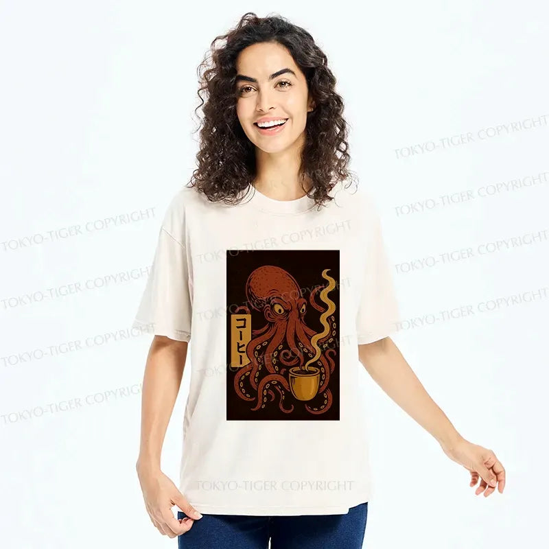 Kyoto-Lion Octopus Drinking Coffee Washed T-Shirt