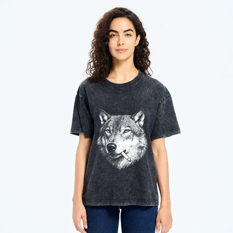 Kyoto-Lion Cool Wolf Meme Bad Decisions Pending Washed T-Shirt