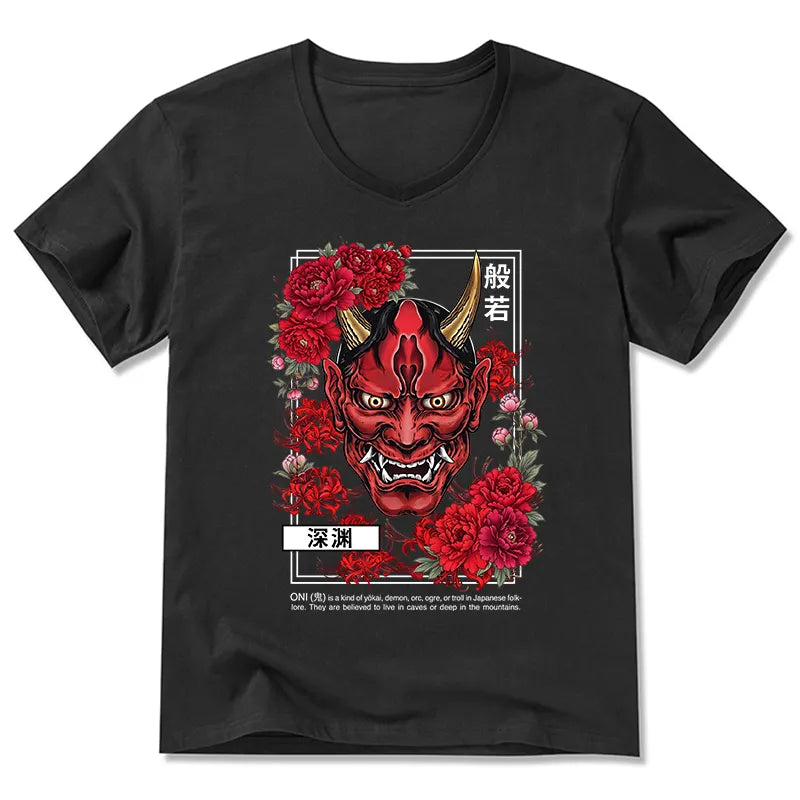 Kyoto-Lion Cool Oni Floral Art V-Neck Classic T-Shirt