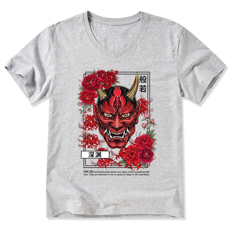 Kyoto-Lion Cool Oni Floral Art V-Neck Classic T-Shirt