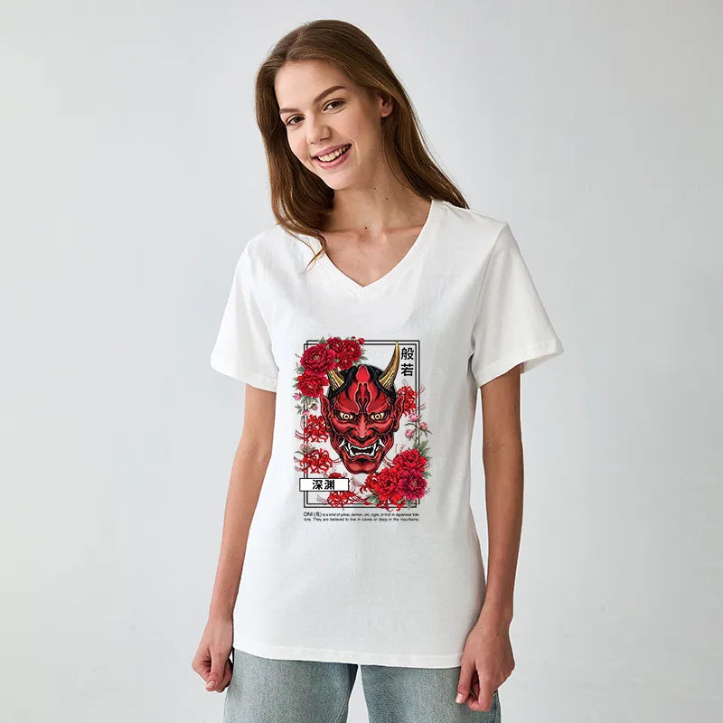Kyoto-Lion Cool Oni Floral Art V-Neck Classic T-Shirt