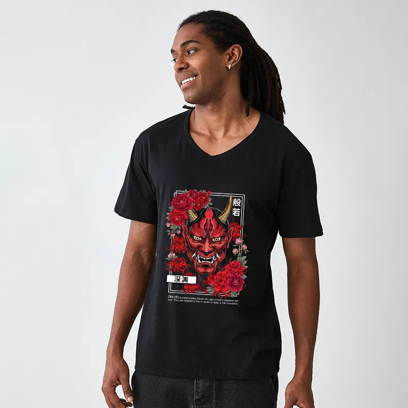 Kyoto-Lion Cool Oni Floral Art V-Neck Classic T-Shirt