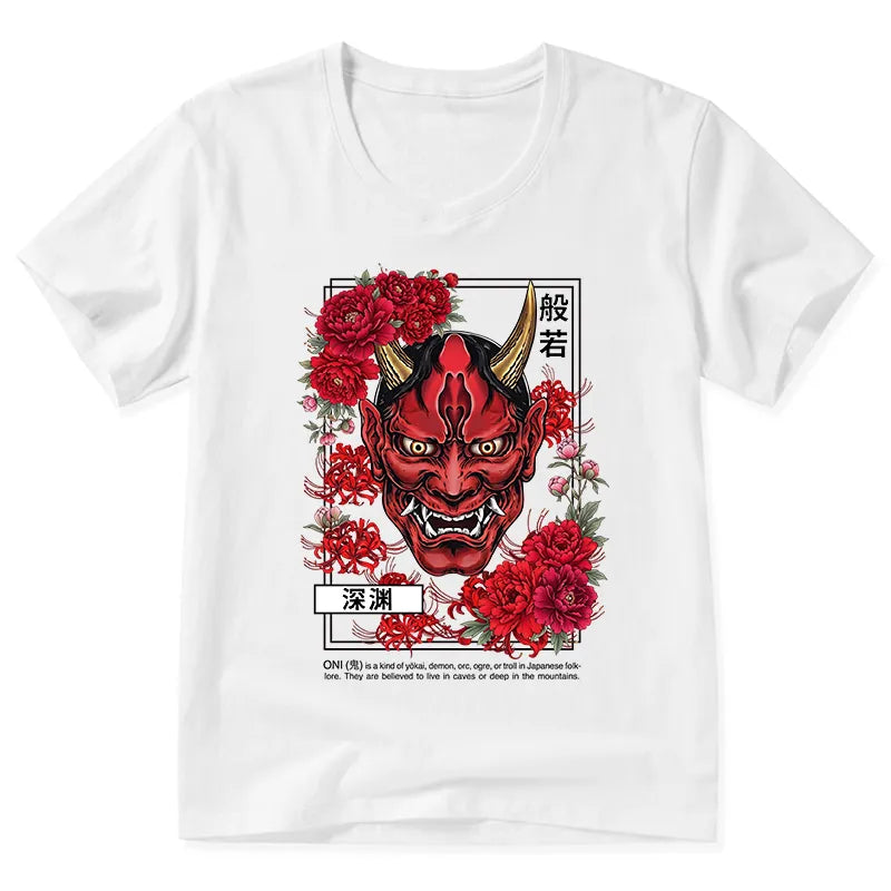 Kyoto-Lion Cool Oni Floral Art V-Neck Classic T-Shirt