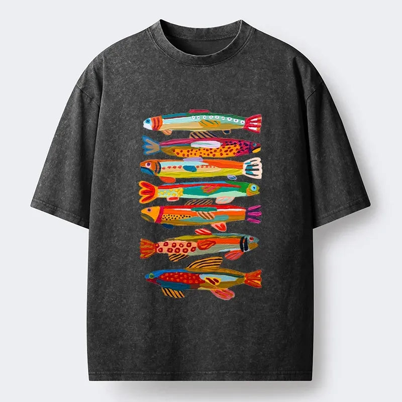 Kyoto-Lion Colorful Fish Folk Art Print Washed T-Shirt