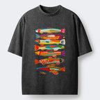 Kyoto-Lion Colorful Fish Folk Art Print Washed T-Shirt