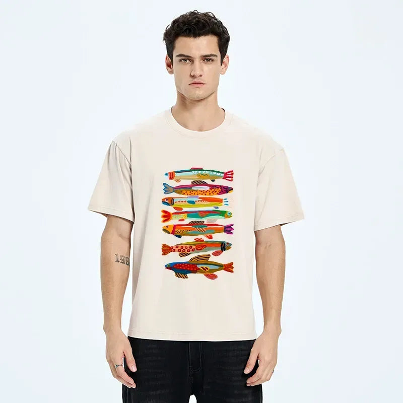 Kyoto-Lion Colorful Fish Folk Art Print Washed T-Shirt